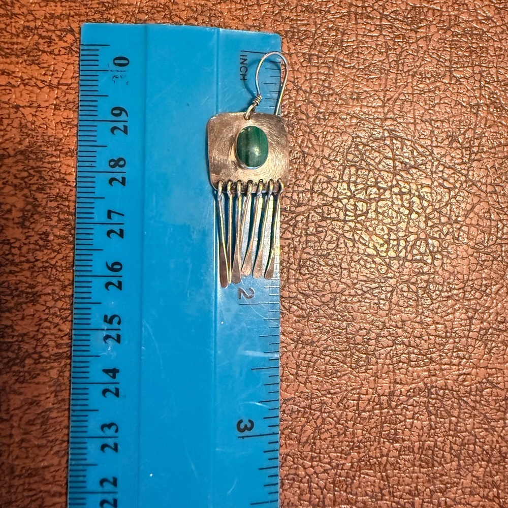 South Western Sterling Silver Drop Earrings with Malachite Stone and Fringe - Picture 4 of 8